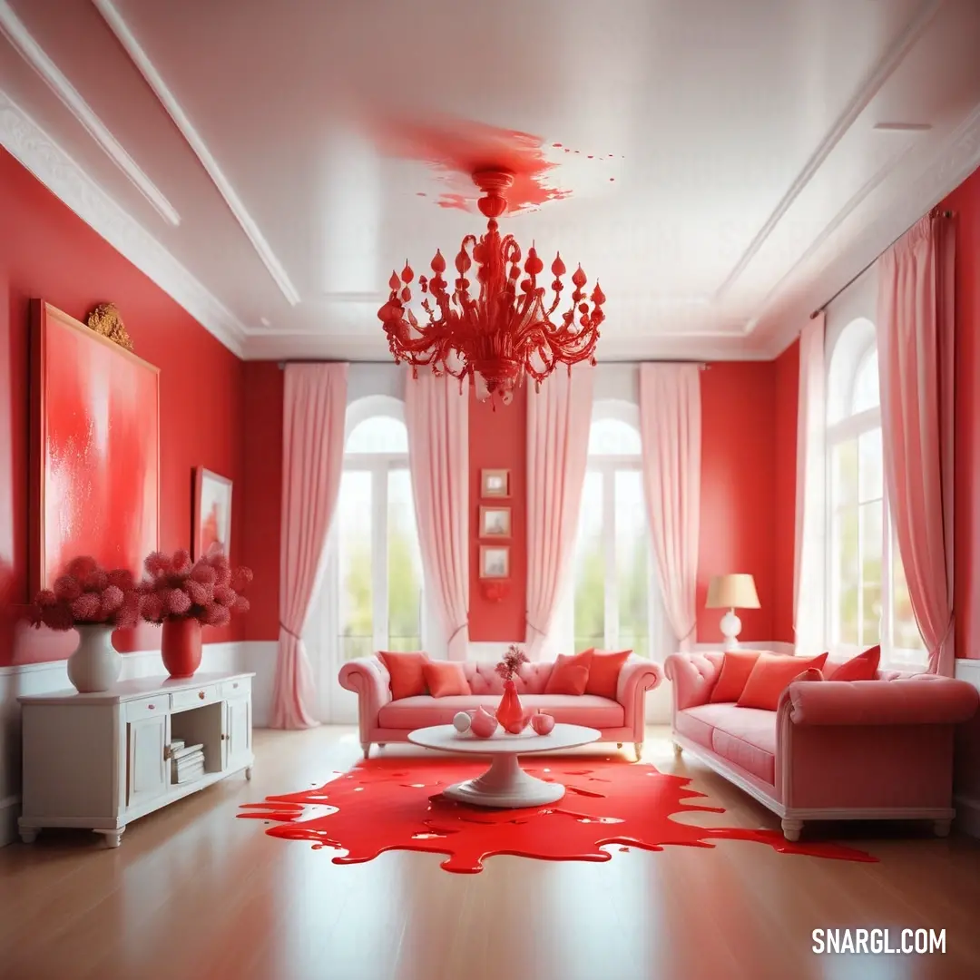 KU Crimson color example: Living room with red walls and furniture and a chandelier hanging from the ceiling and a red rug on the floor