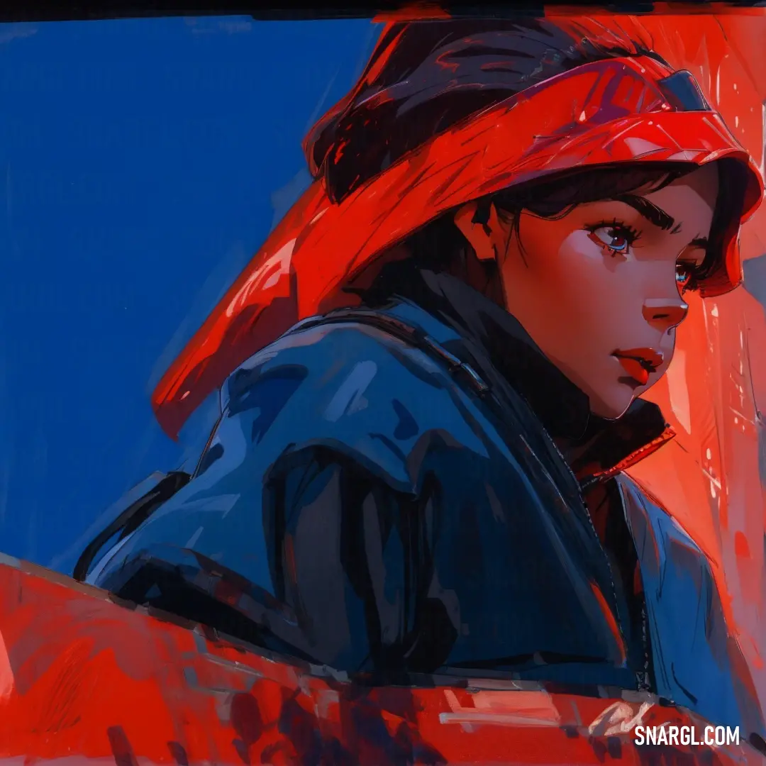 Painting of a woman wearing a red hat and a blue jacket with a red scarf on her head. Example of RGB 232,0,13 color.