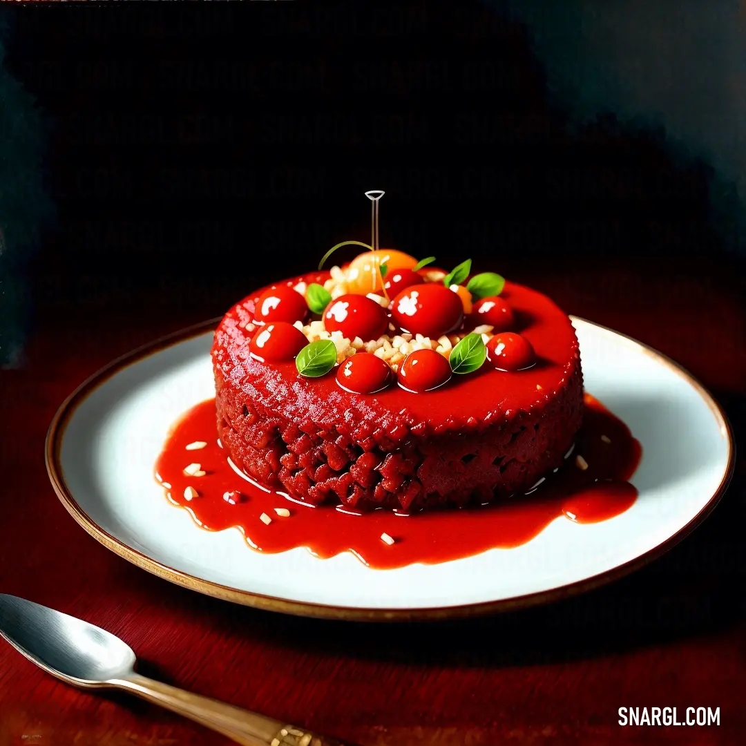 Red cake with a candle on top of it on a plate with a spoon and fork on a table