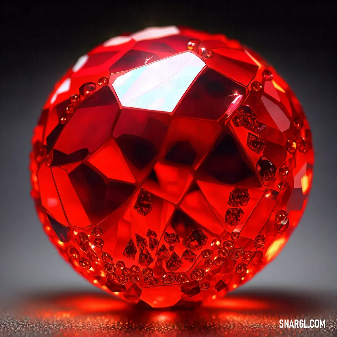 Red diamond on a reflective surface with a black background and a red light shining on it's side
