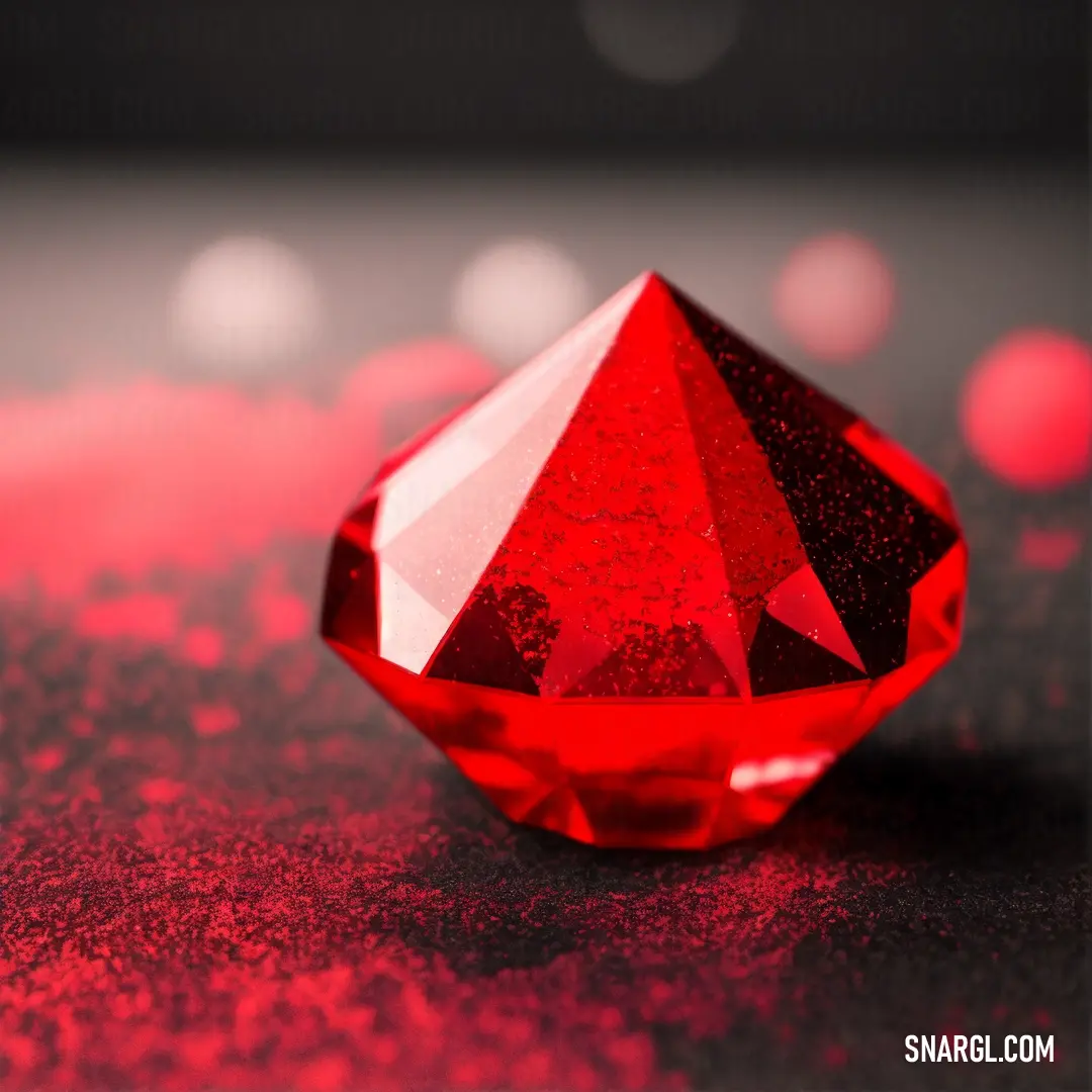 Red diamond on top of a table next to a red background with white dots on it and a red