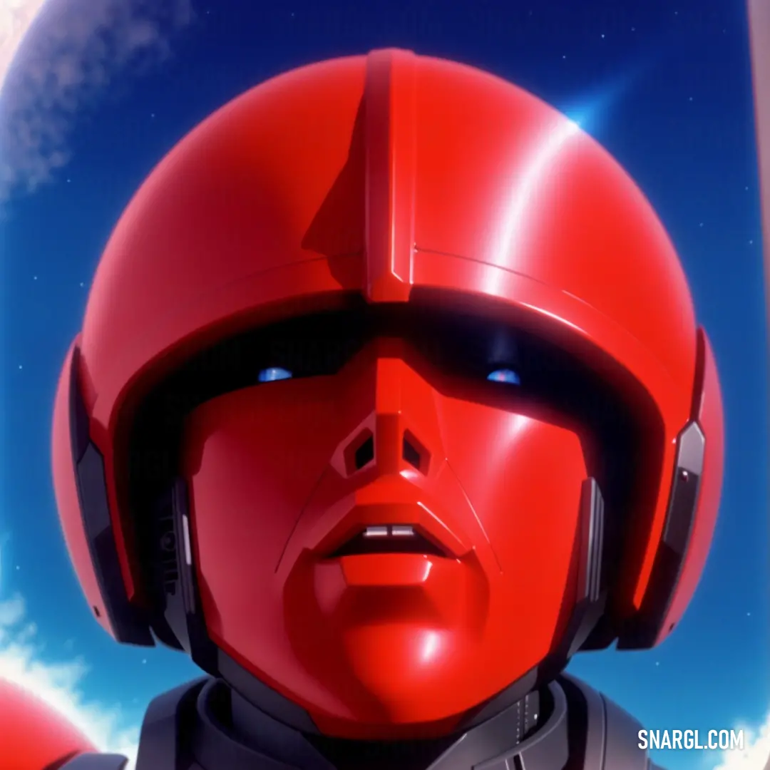 Red robot with a helmet on and a sky background with clouds and stars in the sky behind it