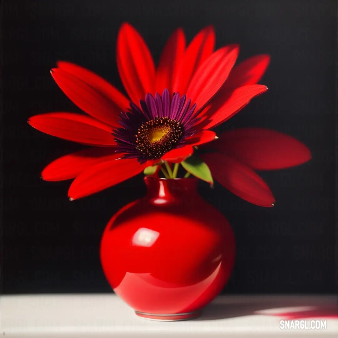 Red vase with a purple flower in it on a table top with a black background behind it and a shadow of a red flower