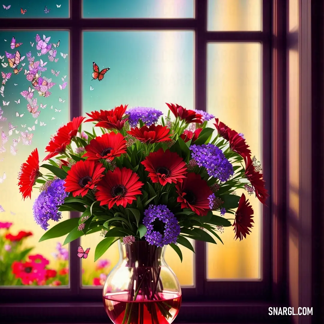 Vase filled with red and purple flowers next to a window with butterflies flying above it and a butterfly in the sky