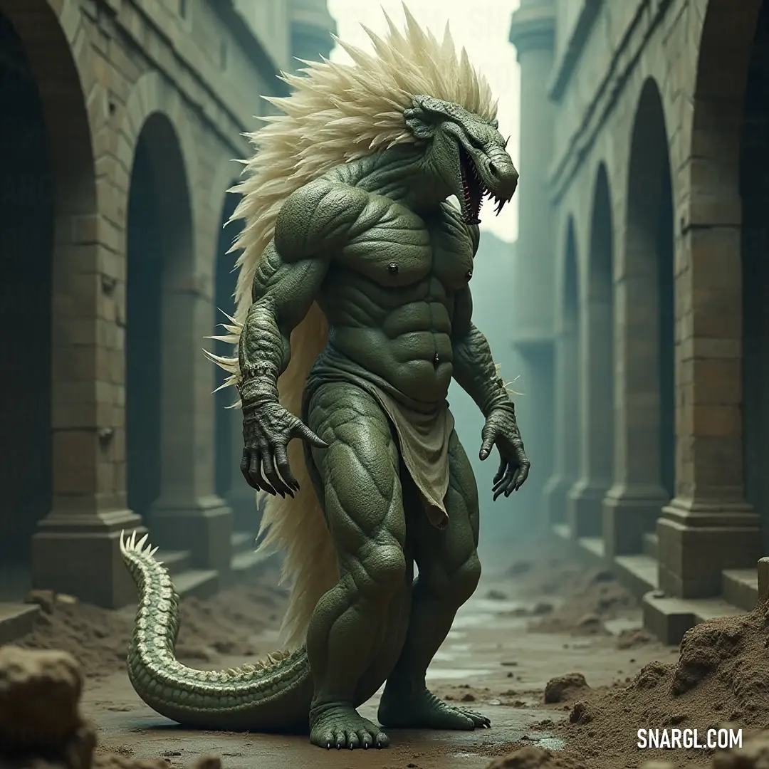 The dignified Kukulkan stands in a grand courtyard, its flowing hair and beard signifying strength and wisdom, surrounded by the traces of ancient architecture. Kukulkan stands nobly in a courtyard with arches, its long hair and beard flowing elegantly, embodying wisdom and strength while surrounded by historical echoes in ancient stone.