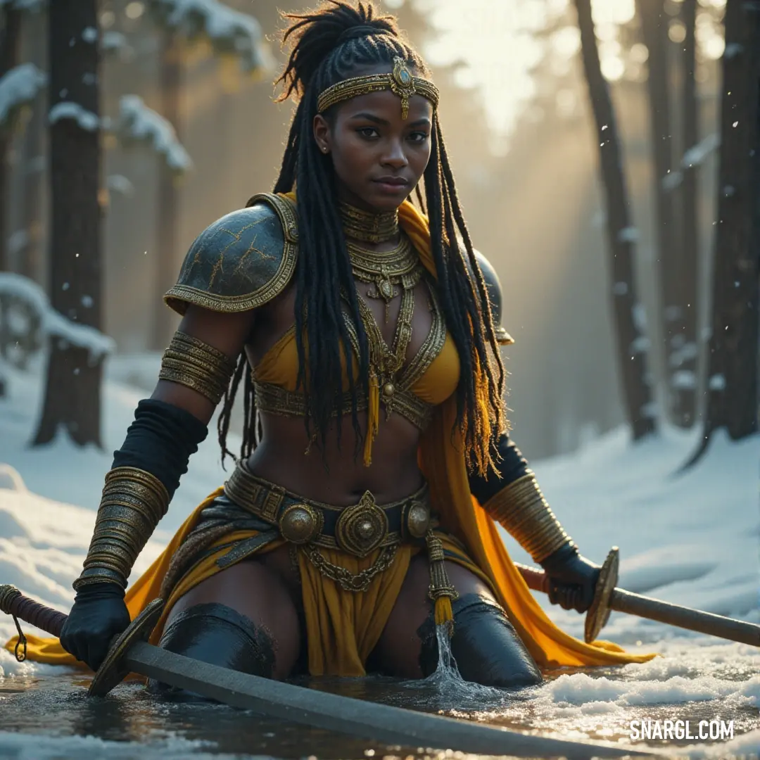 A warrior in a yellow outfit stands determined in the snow, holding a sword and ready for any challenge that comes her way. A character in a vibrant yellow outfit stands in the snow, wielding a sword in one hand, as if preparing for the next challenge in the freezing wilderness.