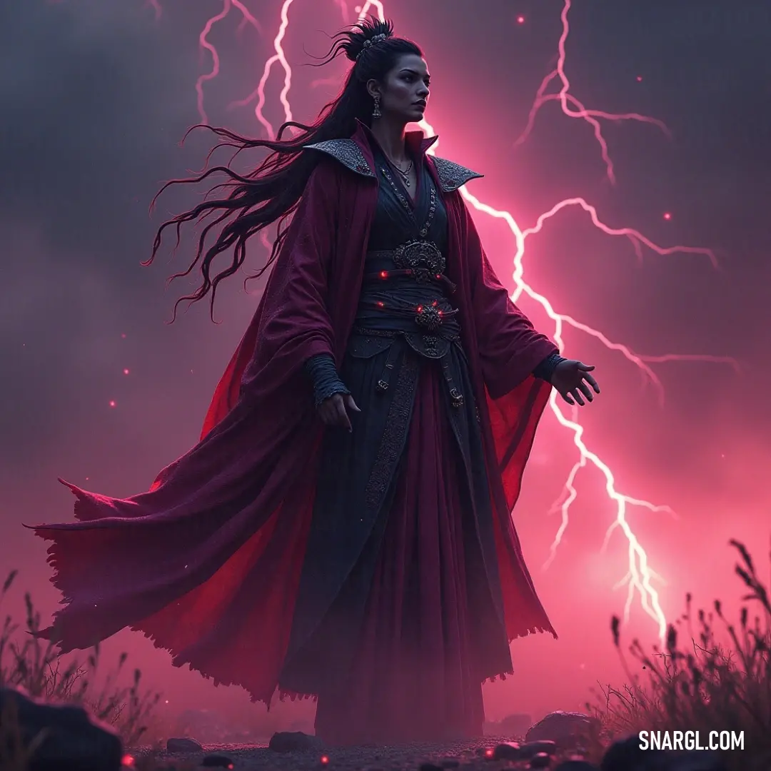 Kuni-no-Tokotachi in a flowing red dress, poised in a field with vivid lightning illuminating the backdrop. In a vibrant field illuminated by intermittent lightning, Kuni-no-Tokotachi stands elegantly in a flowing red dress. Her serene demeanor contrasts with the chaotic elements around her, embodying the strength of nature and the grace of a tempestuous spirit