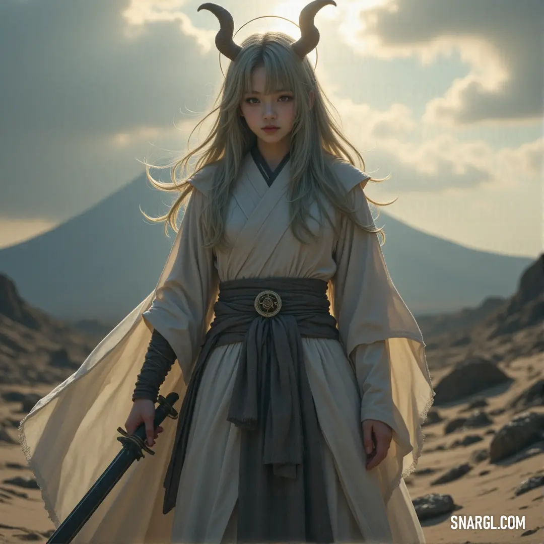 Kureha in a fierce costume with horns and a sword, standing strong in the heart of the desert. A powerful character named Kureha stands confidently in the vast desert, wearing a unique costume adorned with horns. In one hand, she grips a gleaming sword, her stance ready for action as the endless sand dunes stretch behind her under the scorching sun