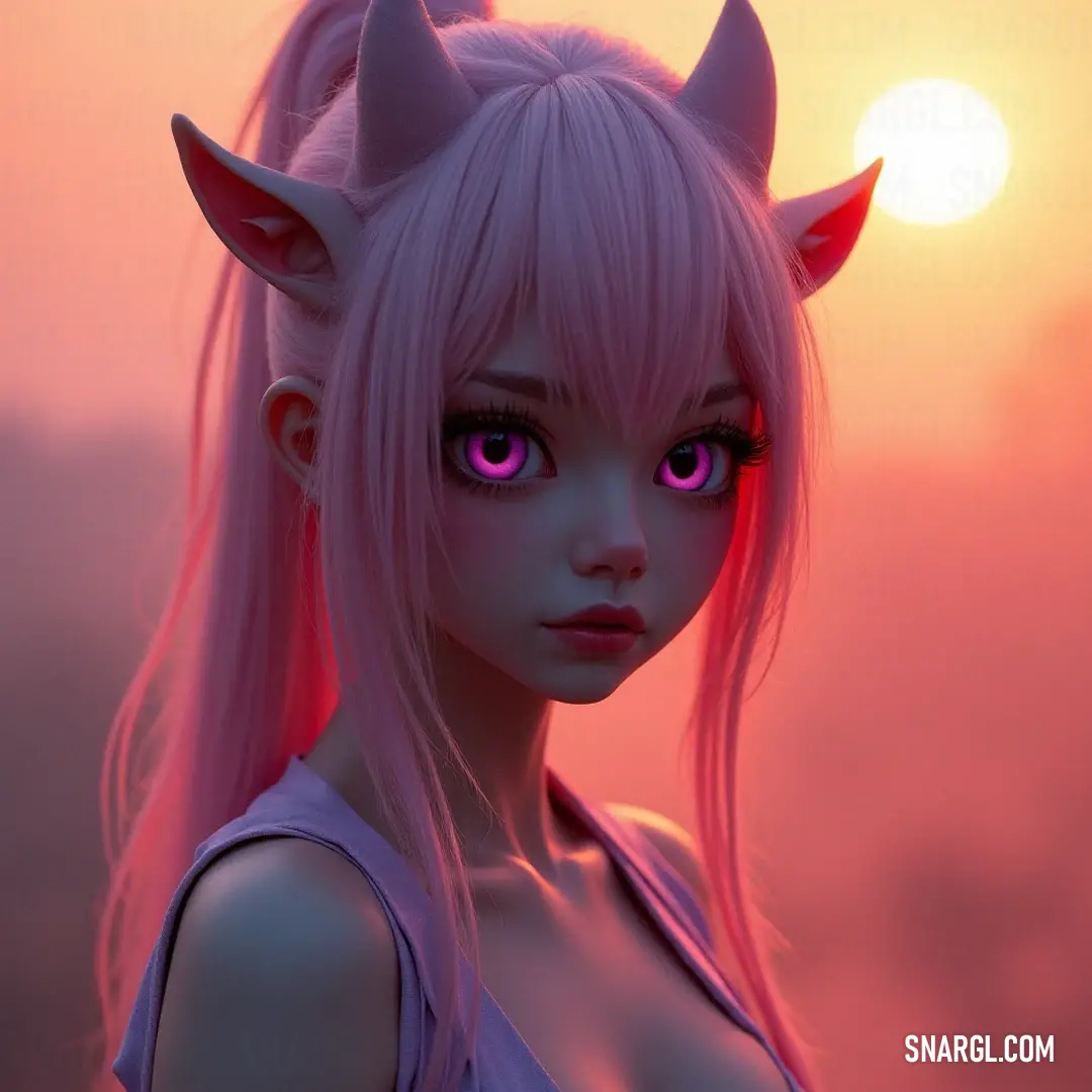 An enchanting figure with pink hair and mesmerizing eyes stands in a vibrant forest, her unique horns adding to her captivating aura, inviting curious onlookers into her magical world. An enigmatic figure emerges from the vibrant forest, with striking pink hair and dazzling pink eyes accented by distinctive horns. The vivid colors and captivating features create an otherworldly aura that draws the viewer into her mystical realm.