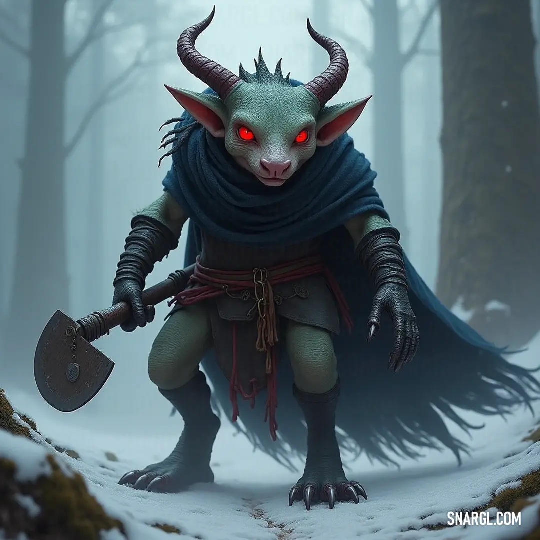 Kurl armed with an axe and vibrant scarf, journeying through an enchanted forest Kurl strides confidently through a fantasy forest, clutching a heavy axe tightly. Adorned in a vibrant scarf that dances in the air, Kurl embodies the spirit of adventure, surrounded by towering trees and vibrant foliage full of life.
