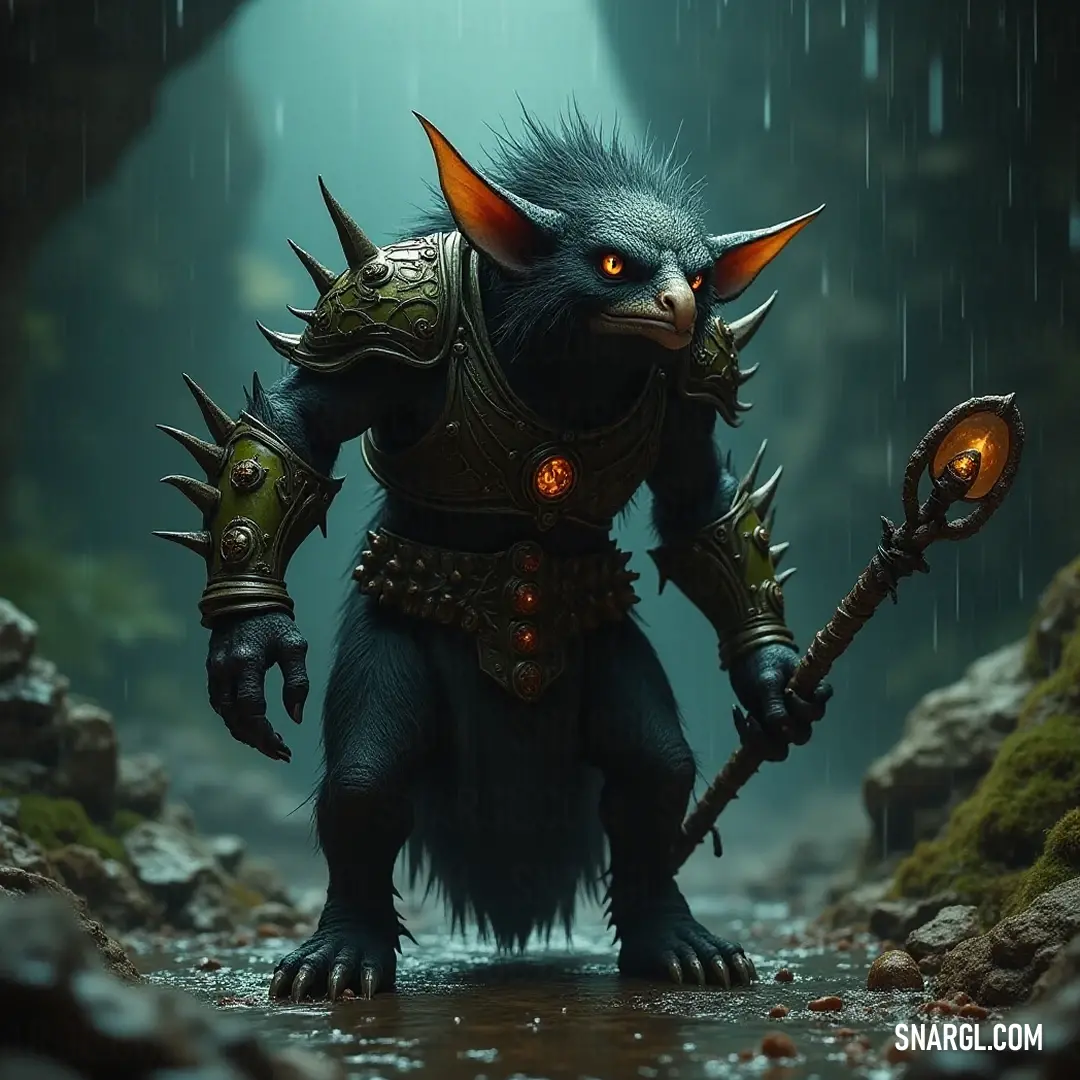 Kurl in a rain-soaked setting, brandishing a sword and showcasing a glowing eyeball Kurl stands defiantly in the rain, armored with a helmet and a sword gripped tightly in hand. A glowing eyeball protrudes ominously from its mouth, adding an unsettling twist to the resilient figure in this moody, atmospheric scene.
