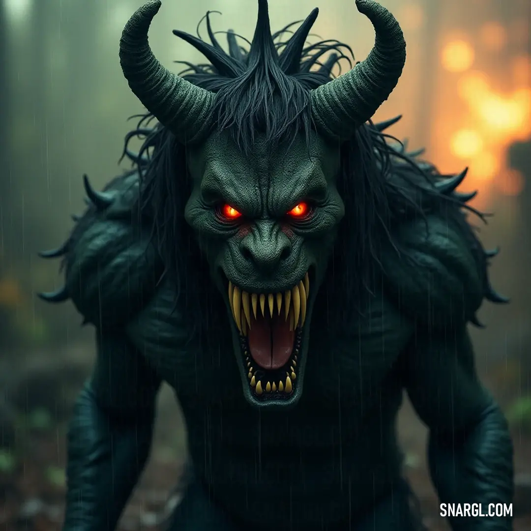 A Kuro Oni with striking red eyes, clad in a mysterious black outfit, embodying both power and elegance. A Kuro Oni stands proudly, its vivid red eyes piercing through the night, dressed in dark attire that complements its formidable horns, evoking fear and fascination alike.