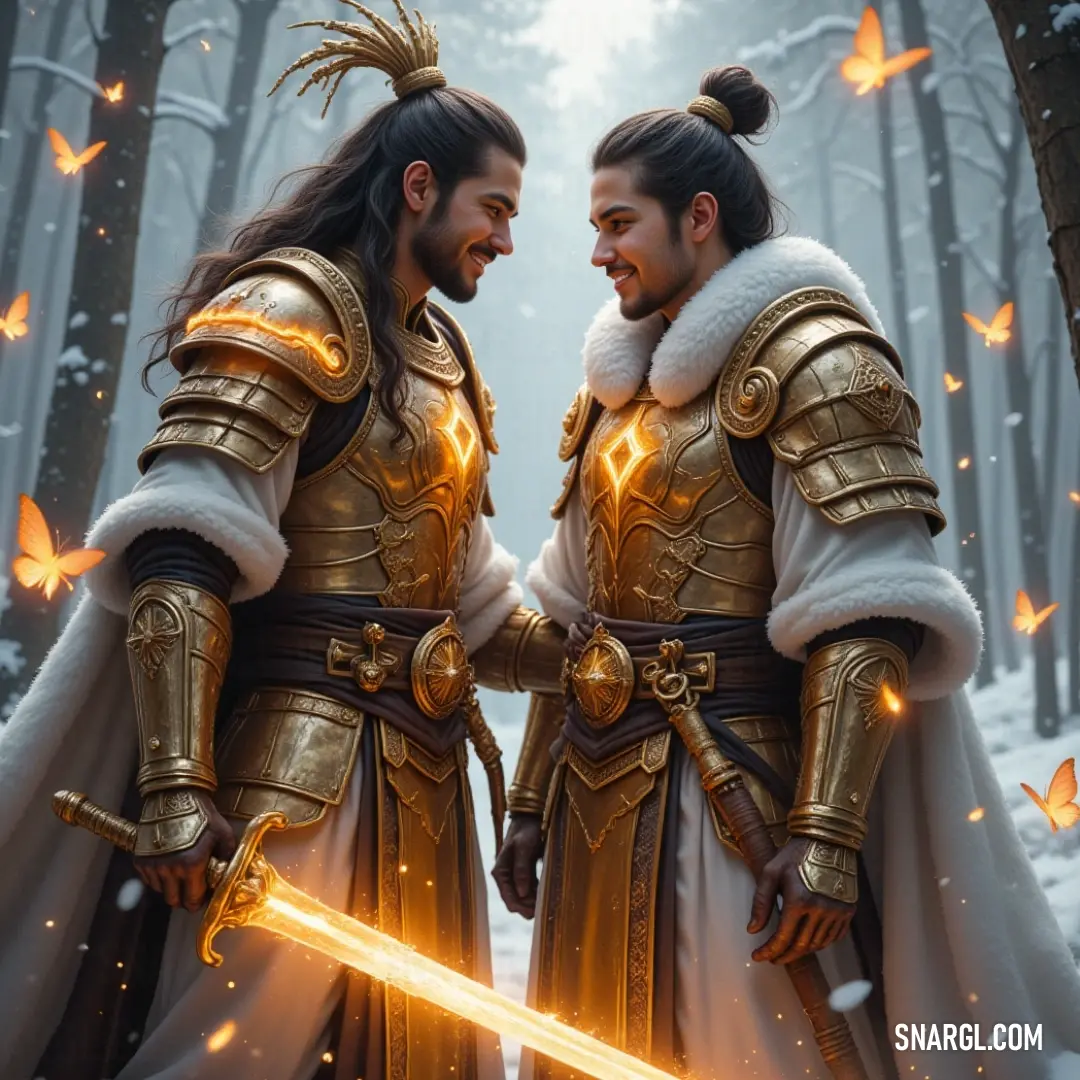 Two diligent warriors stand united in a woodland embrace, their swords reflecting their readiness to defend against unknown threats while nature flourishes around them. In a serene woodland setting, two armored men stand side by side, their swords raised as if ready for battle. Surrounded by lush greenery and fluttering butterflies, they embody camaraderie and bravery in this enchanting forest.