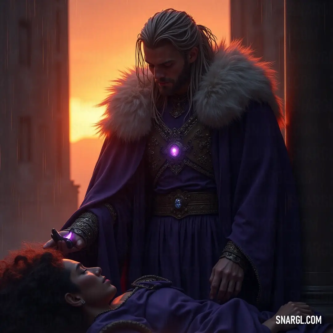 Shrouded in mystique, a figure in purple stands alongside an equally enchanting companion, illuminated by a gentle glow in a captivating realm of shadows and light. A striking figure draped in a purple outfit stands beside a captivating companion, who dons a vibrant purple dress and robe illuminated by ethereal light. Together, they embody an air of mystical energy, their surroundings enveloped in a soft glow that hi