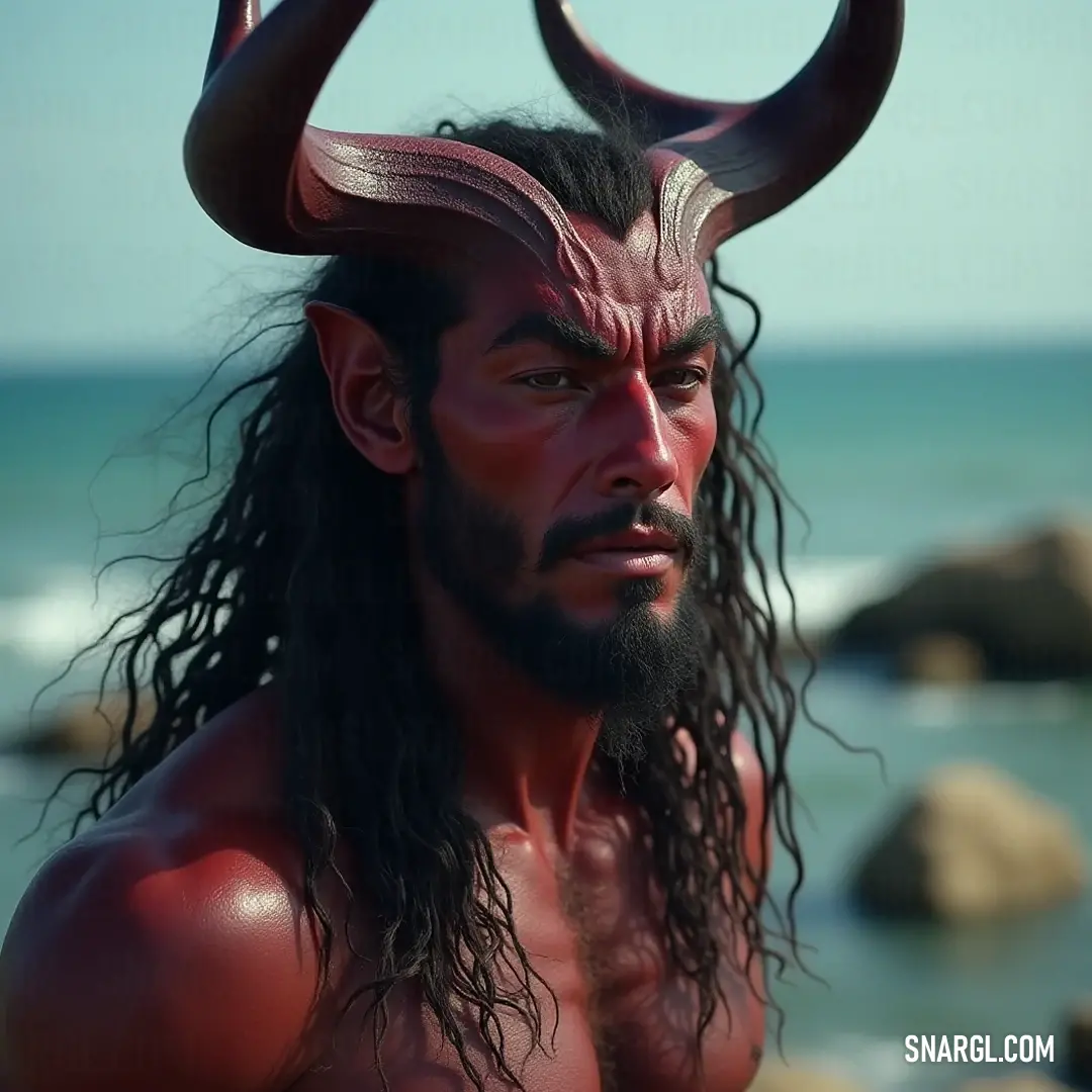 An alluring depiction of Kylix at the ocean's edge, where the vast waters and distant horizon amplify its majestic demeanor and boundless spirit. Kylix, adorned with long hair and a horned face, stands before a vast ocean, its mighty presence contrasting against the gentle waves and the expansive horizon.