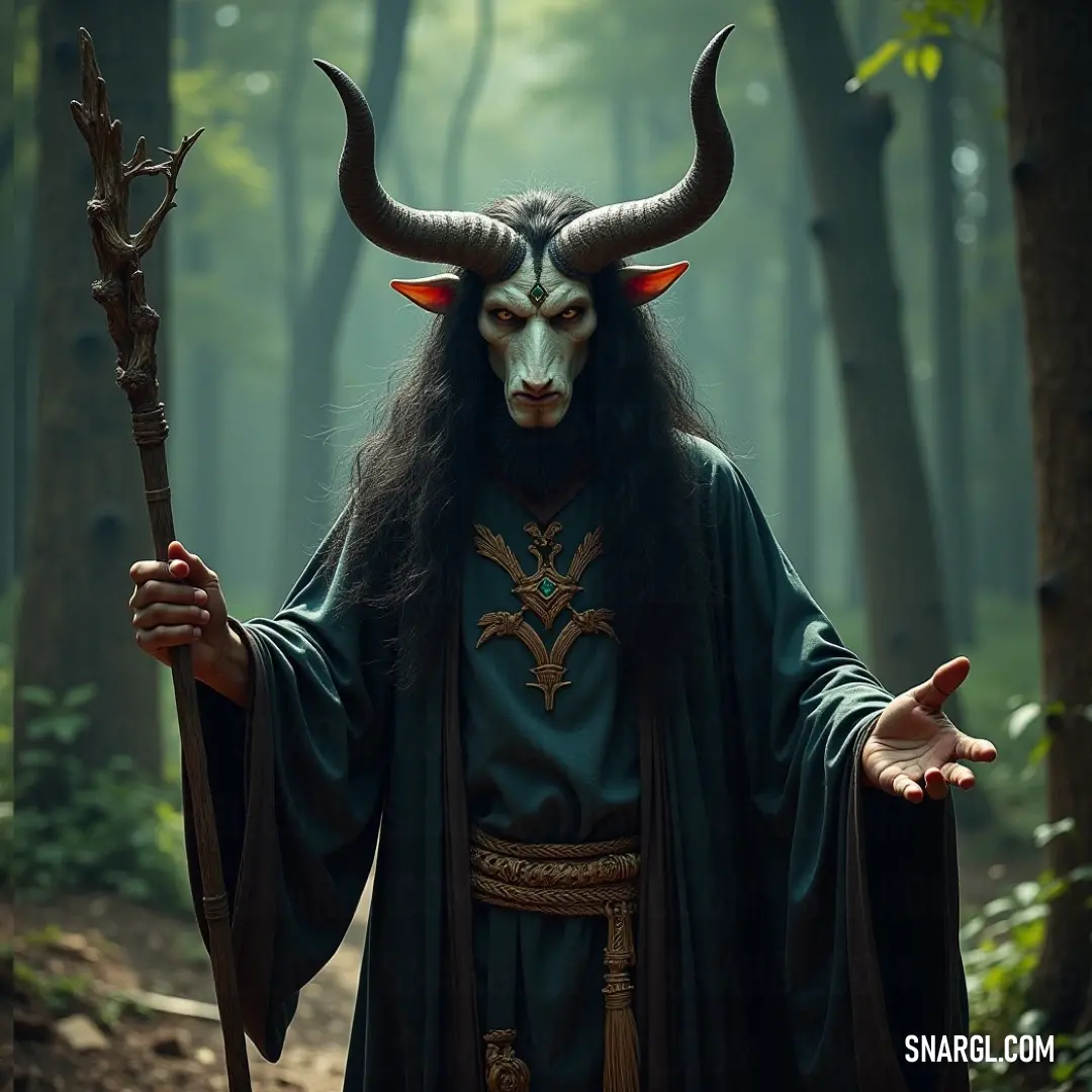 Kynaithos, dressed in a horned costume, holding a staff in the midst of an ancient forest, radiating mystical power. Kynaithos, a mystical character cloaked in a horned costume, stands tall in a forest. Holding a staff, he appears to command the trees and nature around him, immersed in an ancient world of magic and mystery.