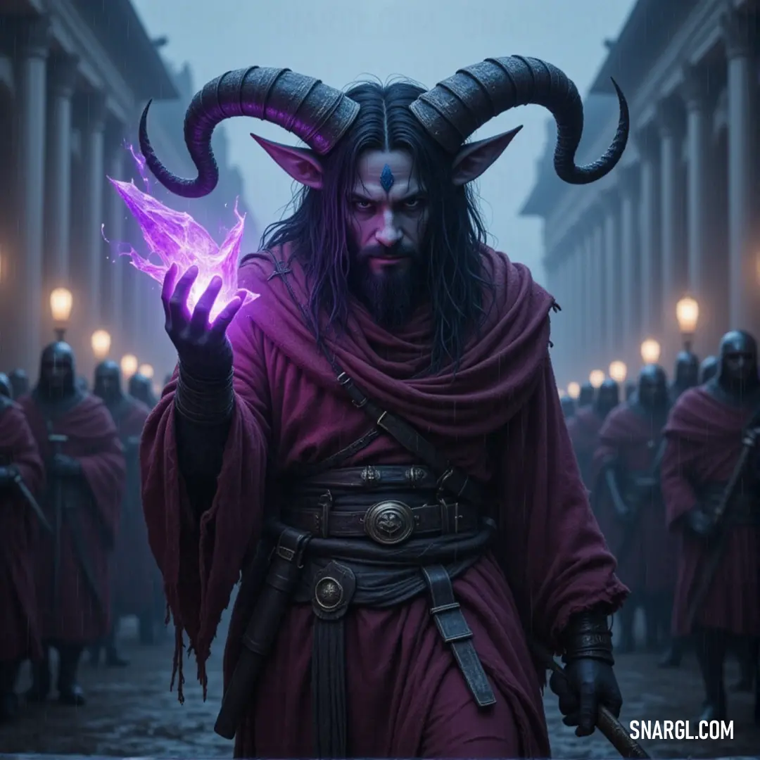 A figure with horns stands proudly, wearing a regal purple robe, holding a glowing orb of light in their hand. They are surrounded by a crowd, commanding attention as their purple light casts an ethereal glow over the scene.