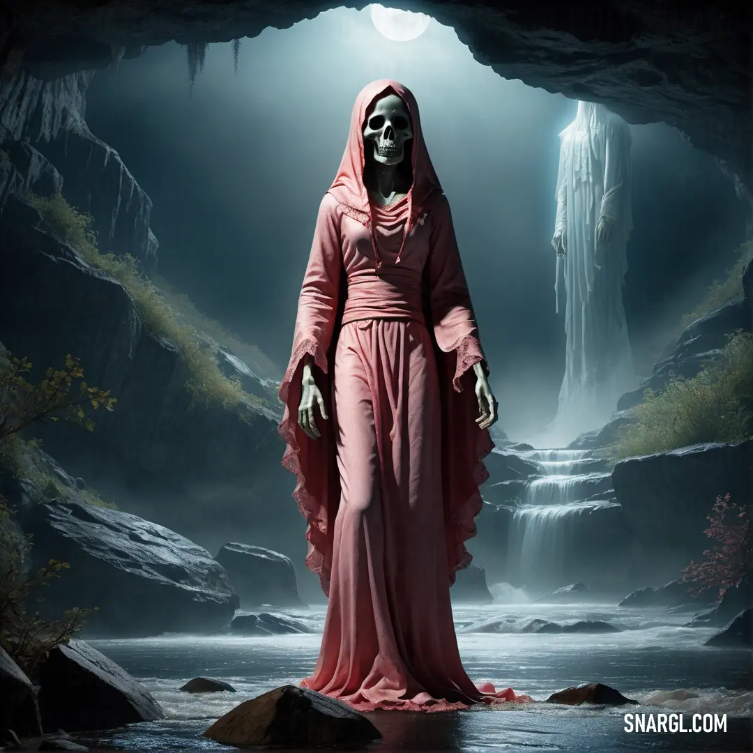 Creepy female La Llorona in a pink dress standing in a cave with a waterfall in the background