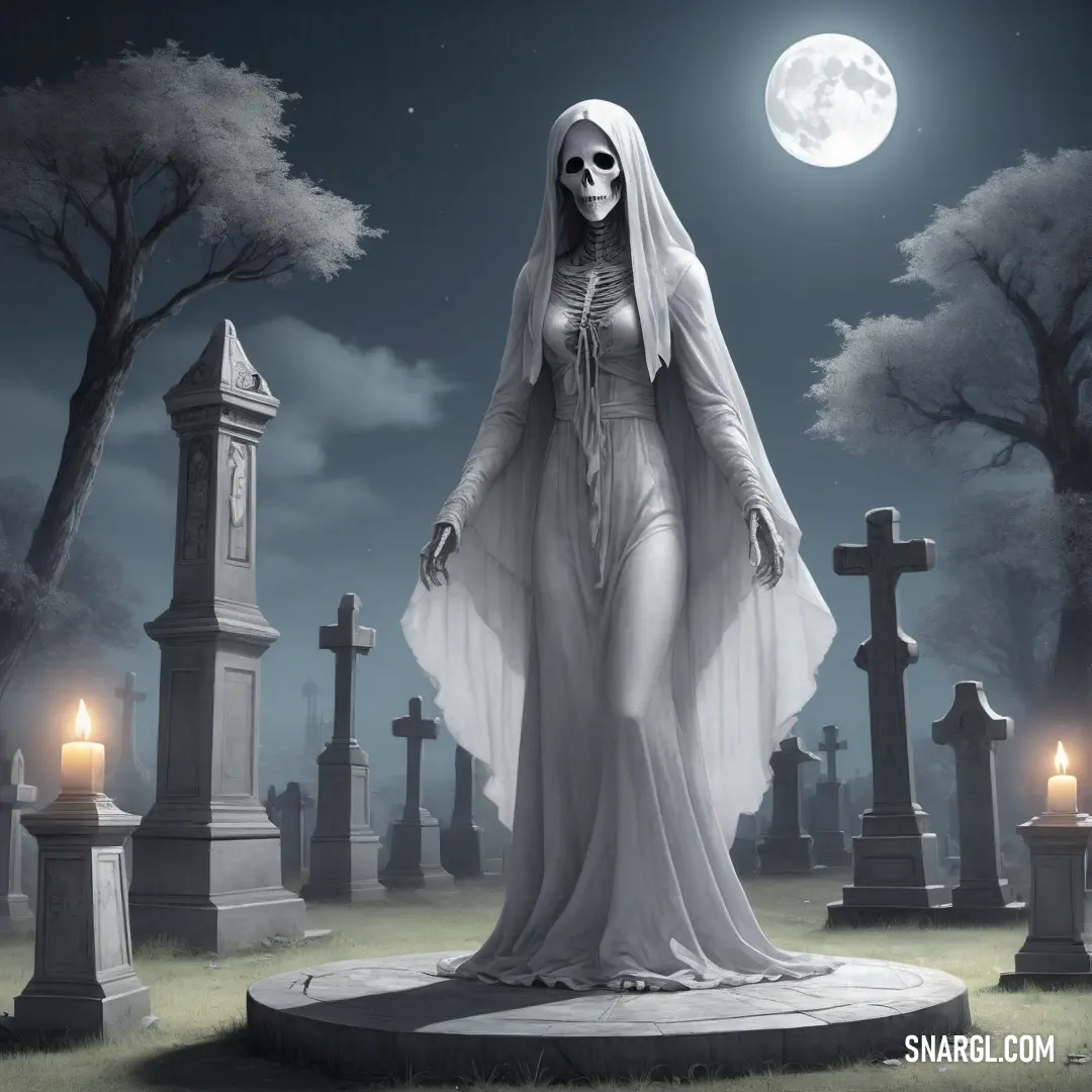 La Llorona dressed in a ghost costume standing in a cemetery at night with a full moon in the background