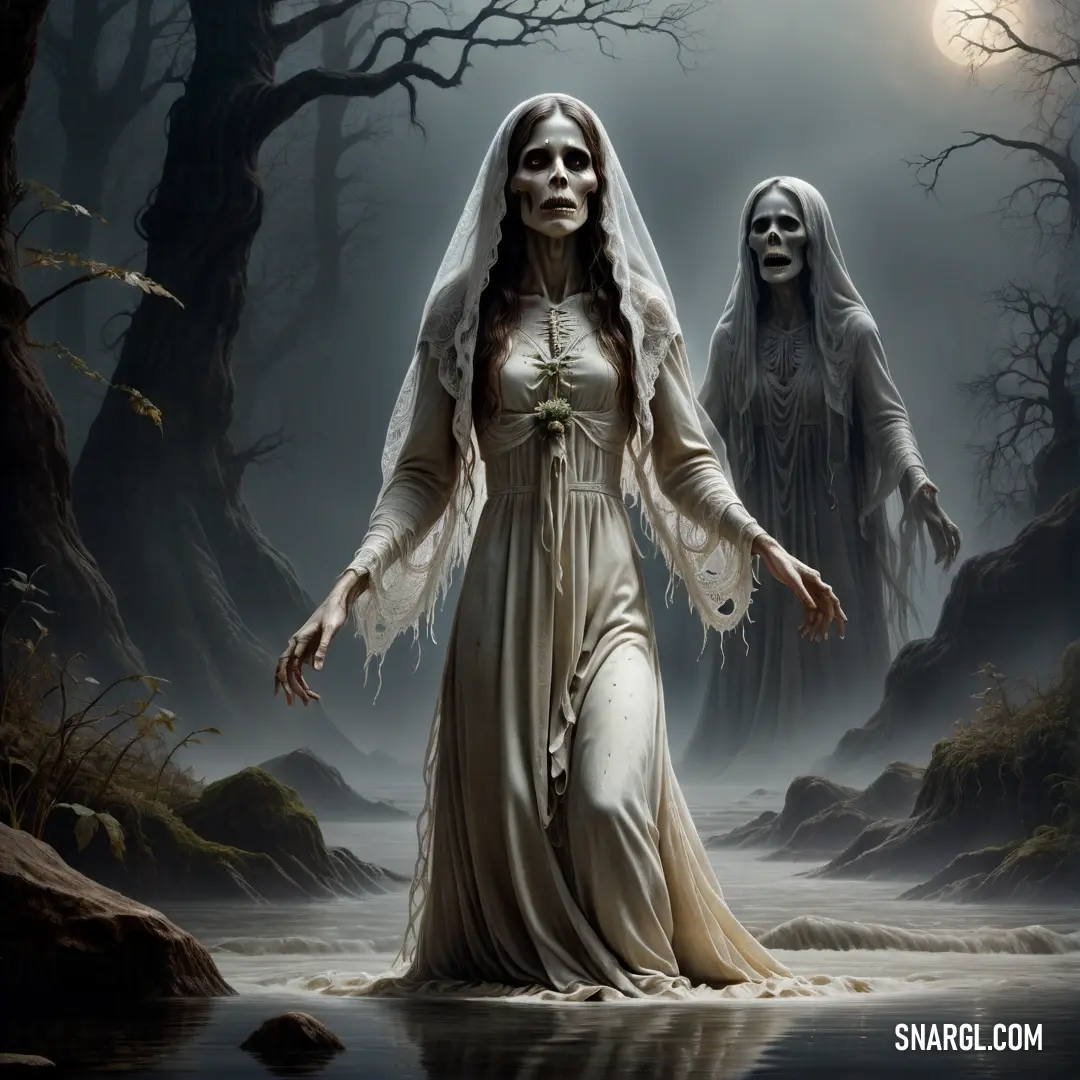 La Llorona dressed in a ghost costume standing in a swamp with two ghost behind her