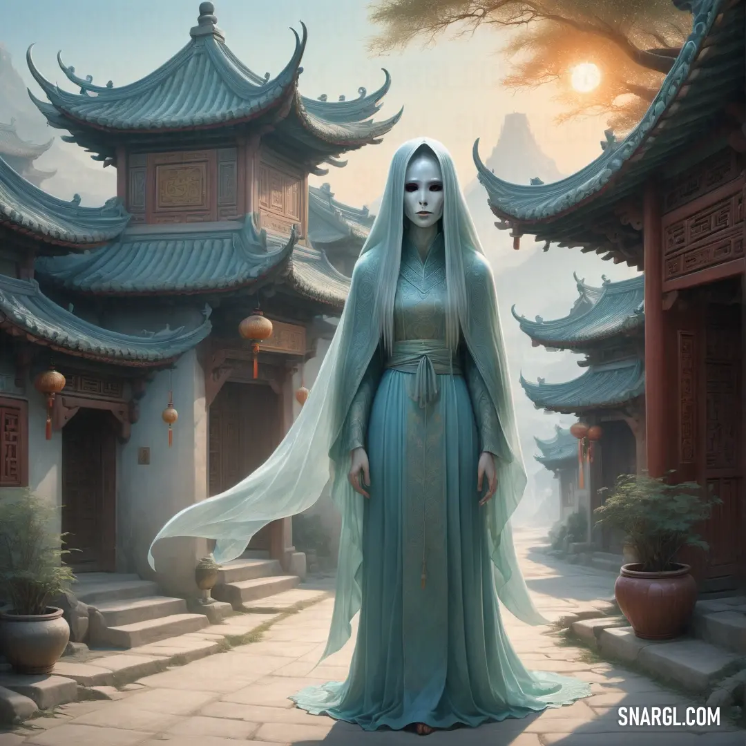 La Llorona in a blue dress standing in front of a building with a long veil on her head