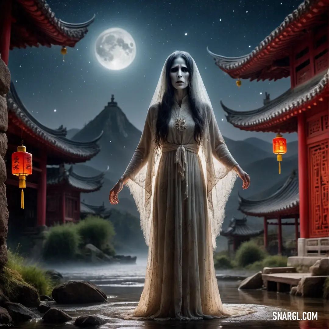 La Llorona in a long dress standing in a river with lanterns in the background