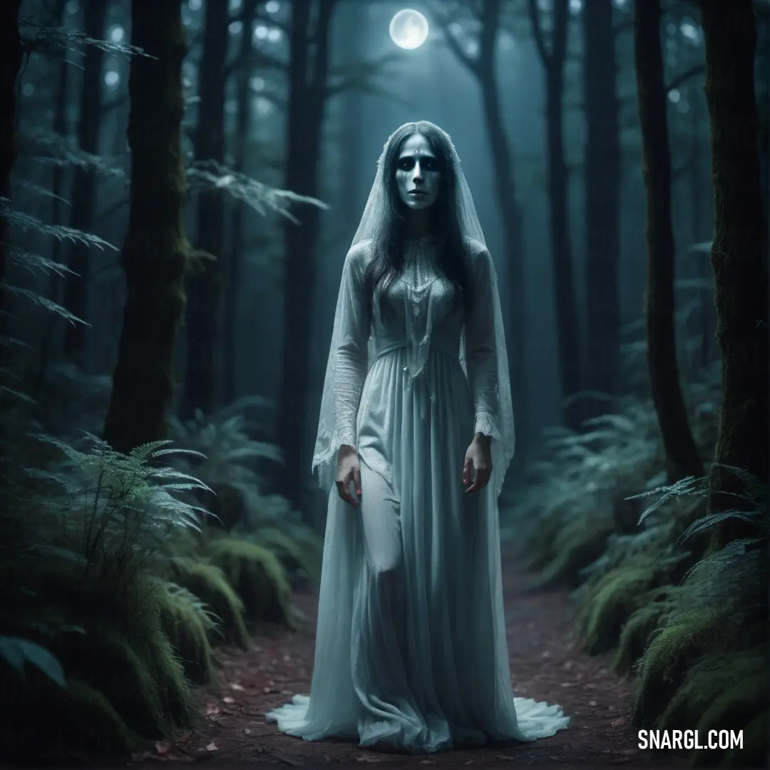 La Llorona in a white dress standing in a forest at night with a full moon in the background