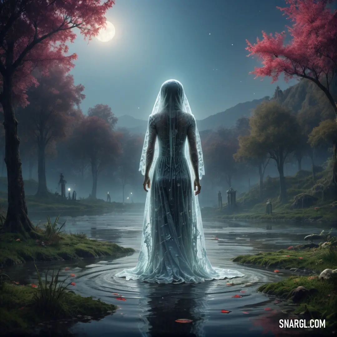 La Llorona in a white dress standing in a lake with trees and a full moon in the background