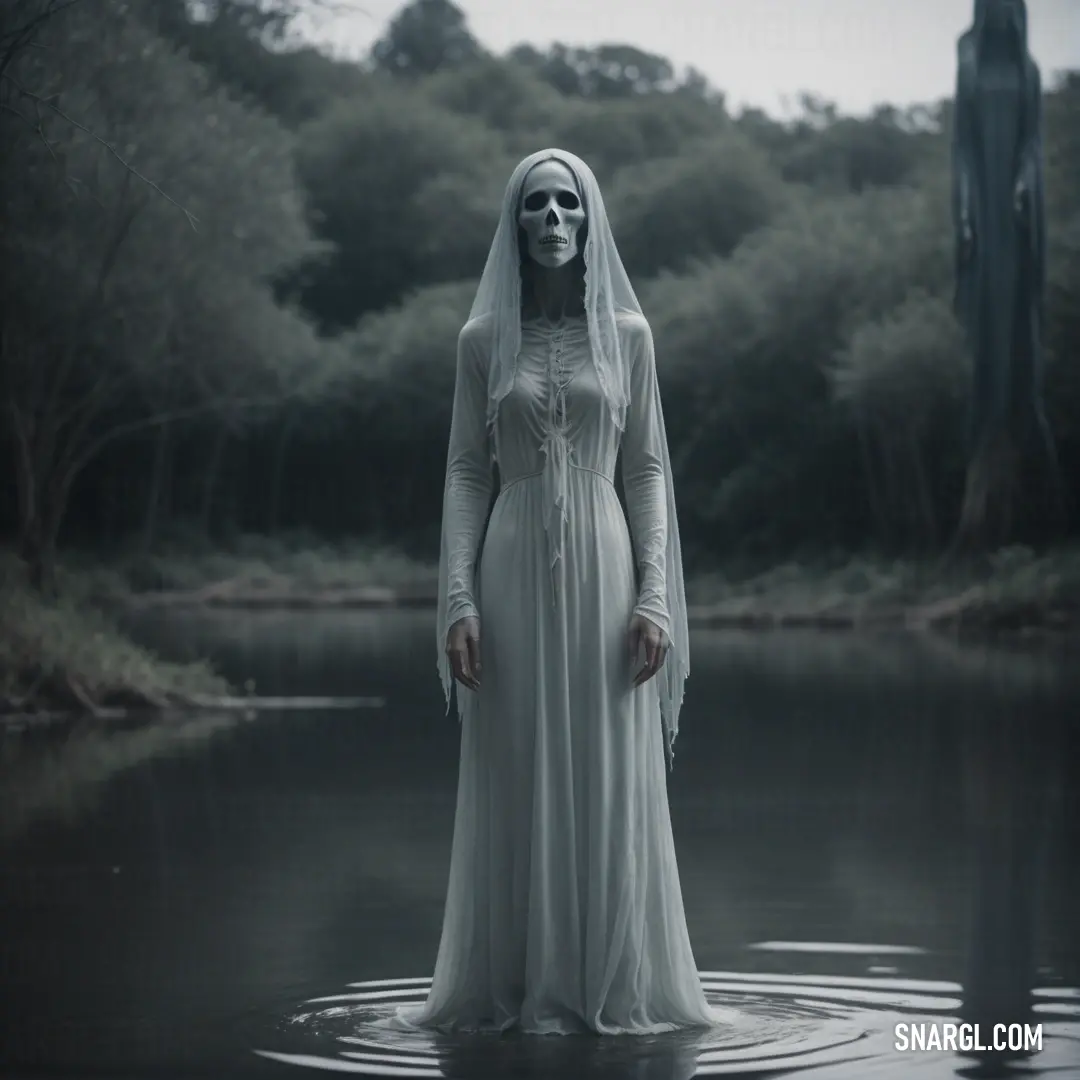 La Llorona in a white dress standing in a lake with a veil on her head