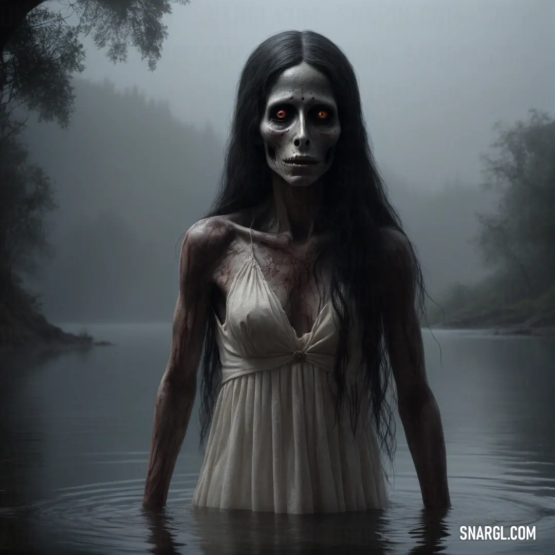La Llorona in a white dress standing in a lake with a creepy face on her face