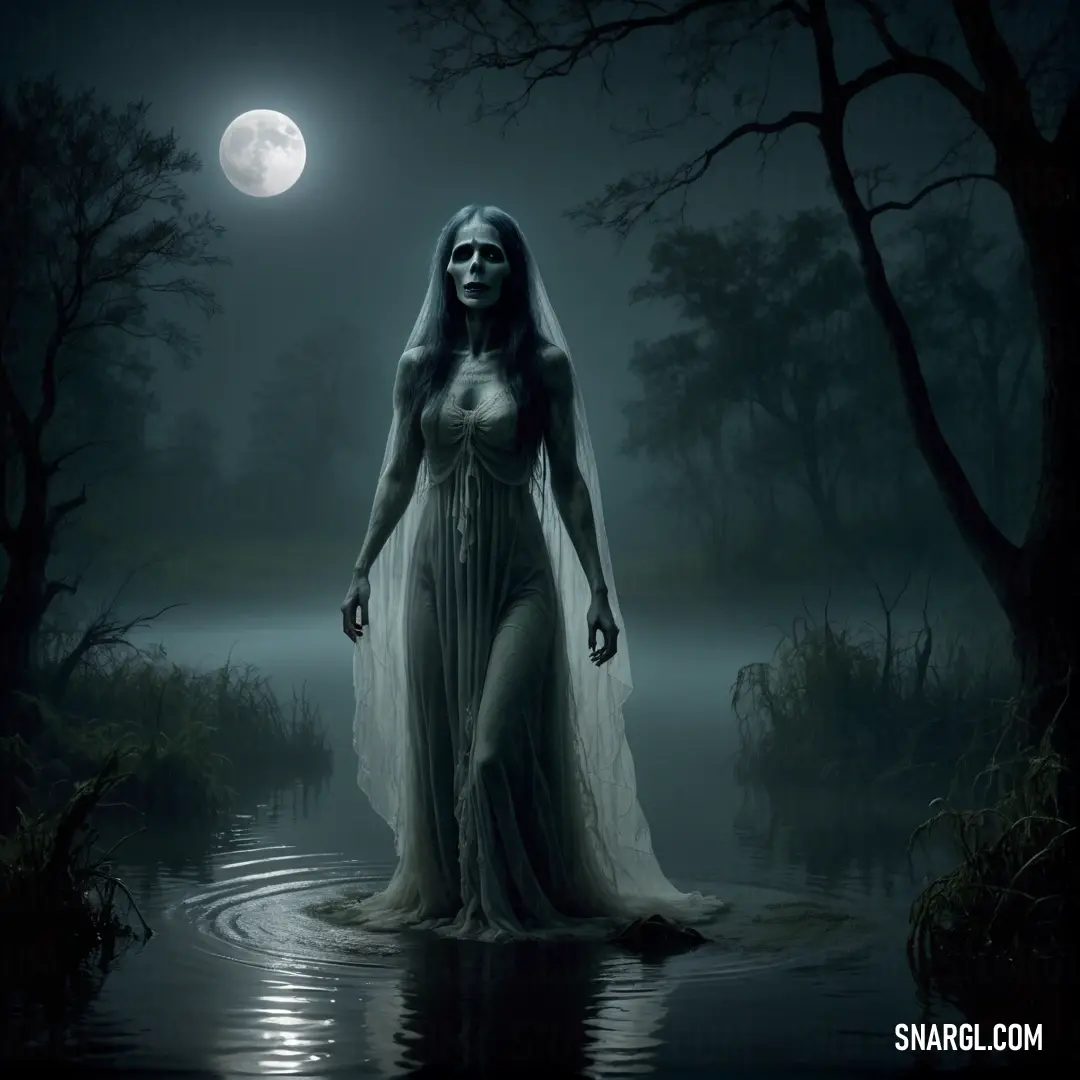 La Llorona in a white dress standing in a lake at night with a full moon in the background