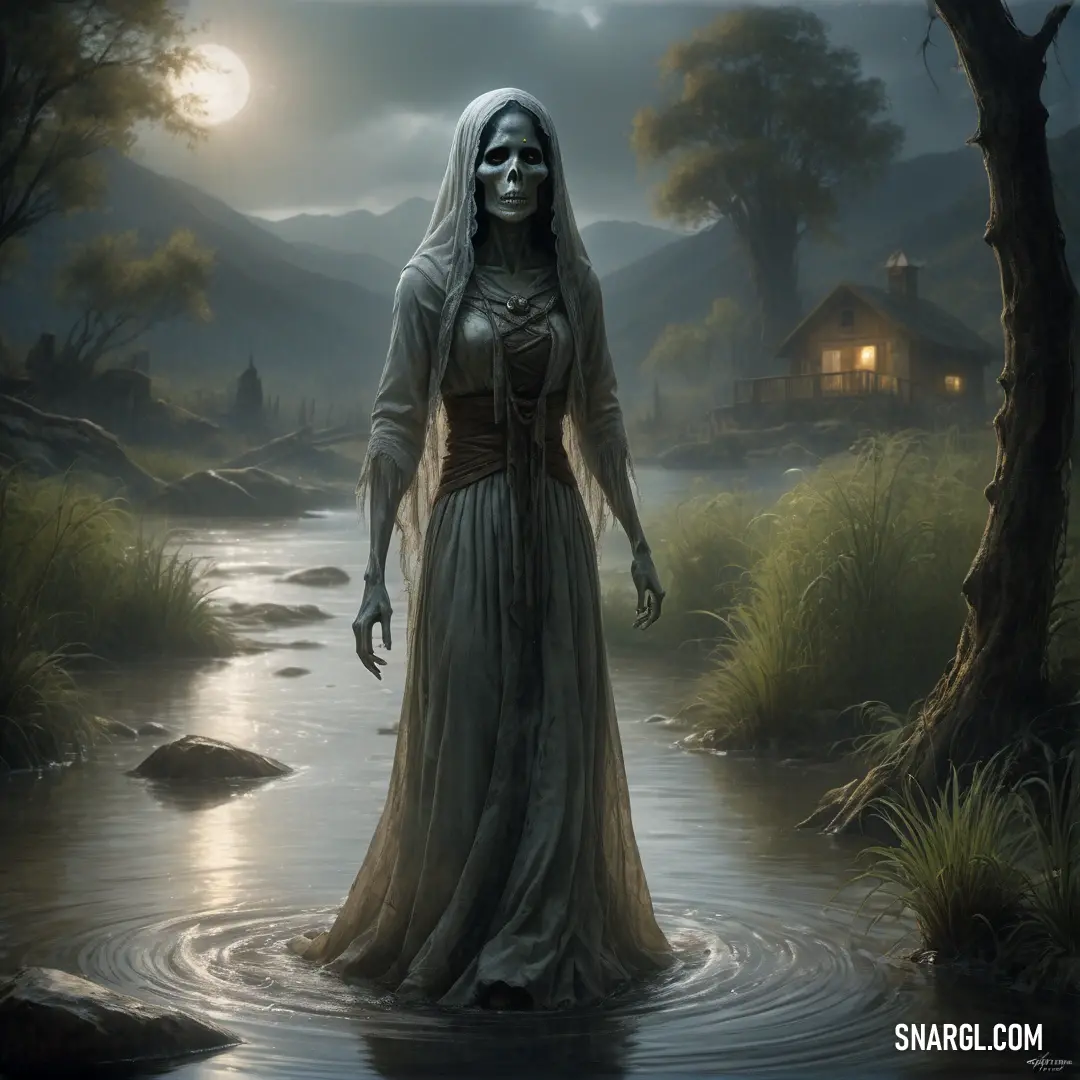 La Llorona in a white dress standing in a river with a house in the background