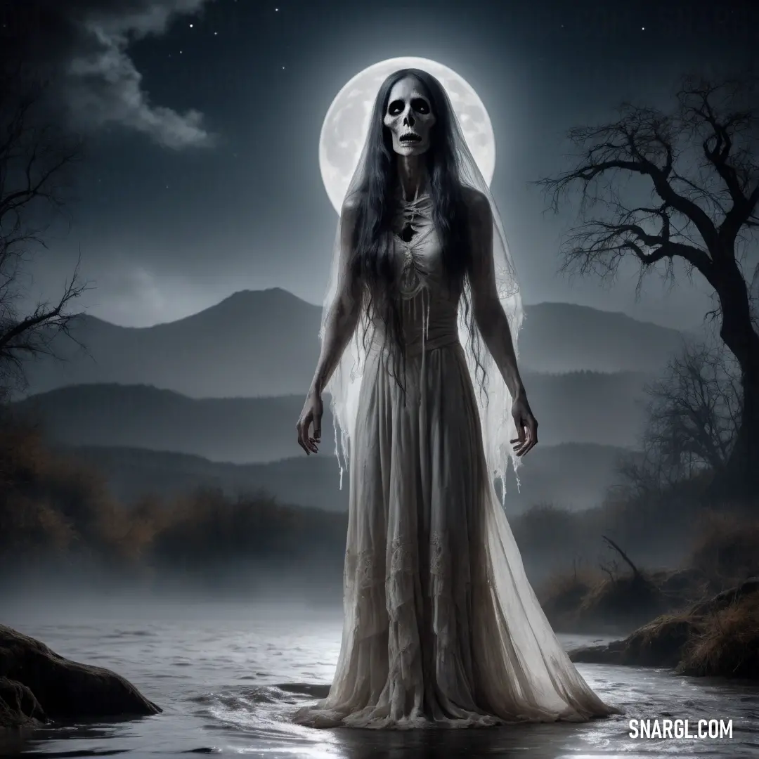 La Llorona in a white dress standing in a river under a full moon