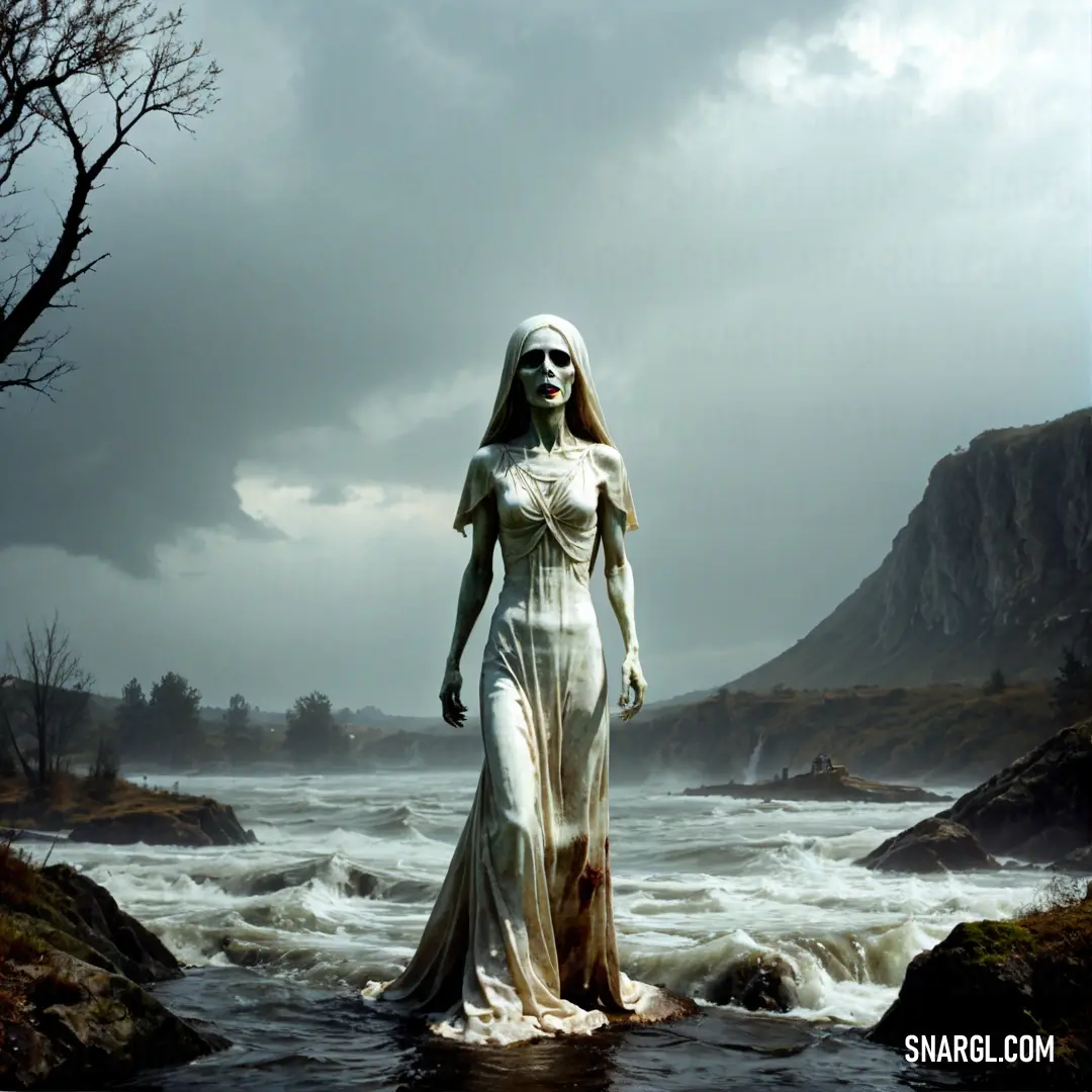 La Llorona in a white dress standing in a river with a mountain in the background
