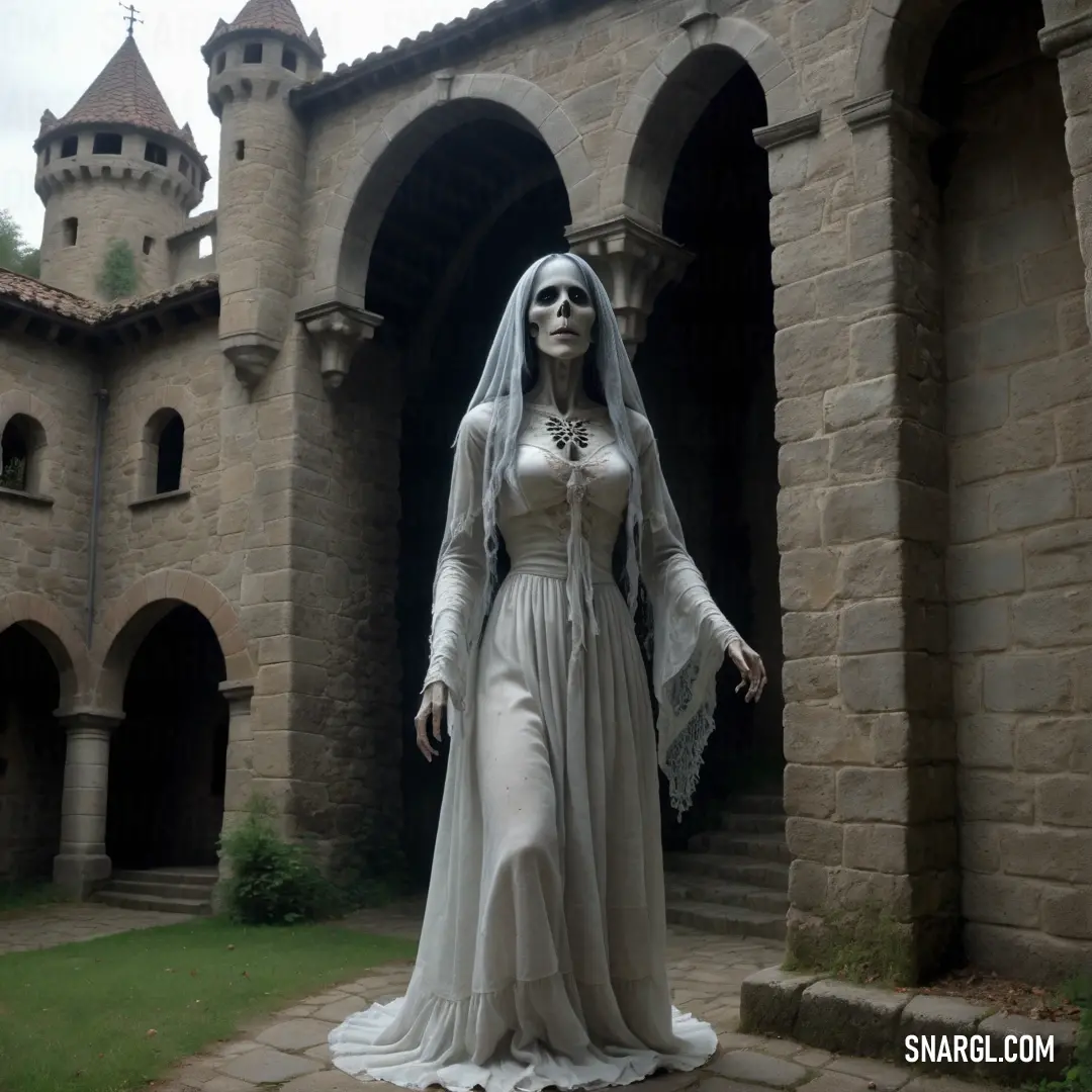 La Llorona in a white dress and veil standing in front of a castle like building with a clock tower