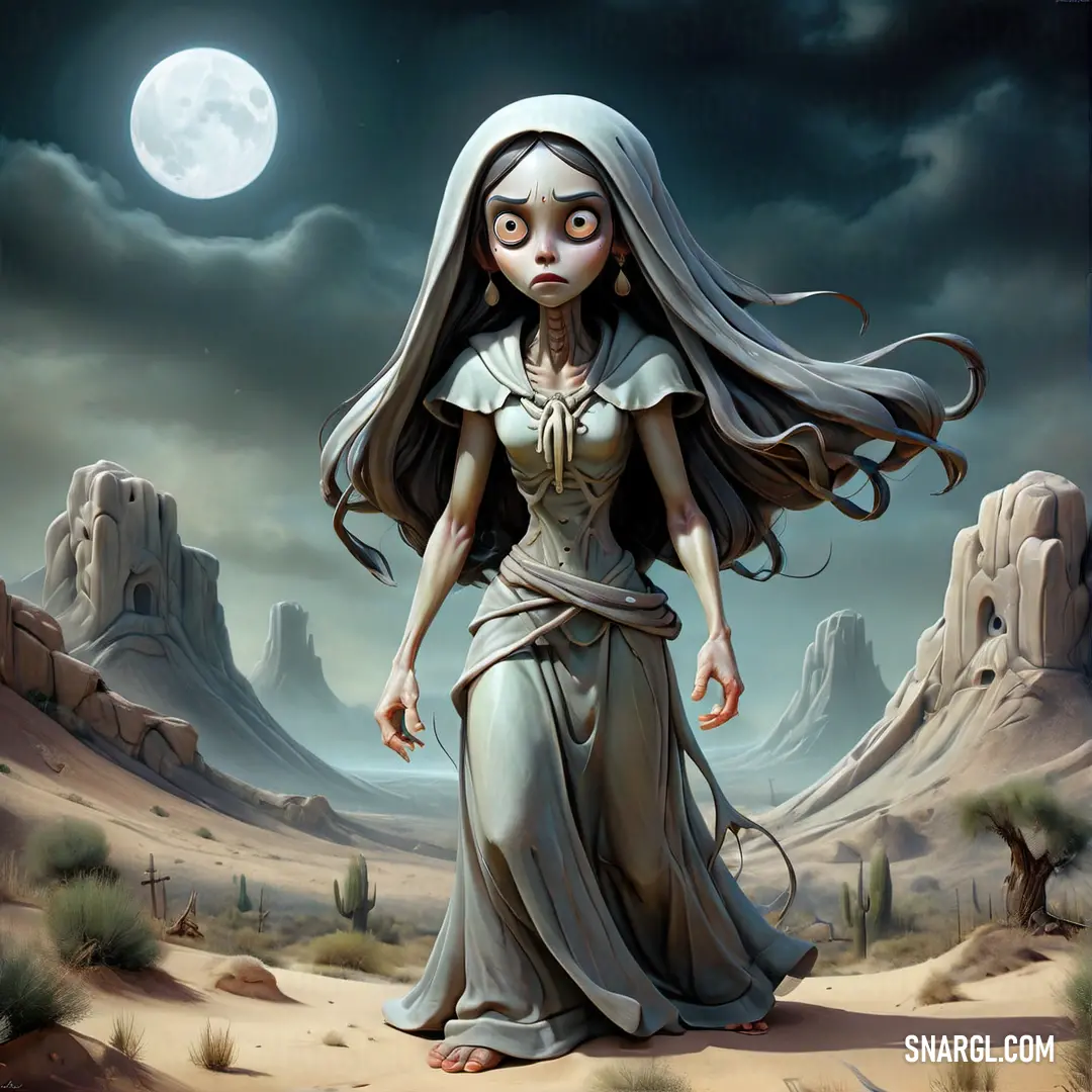 La Llorona with long hair and a white dress in a desert area with a full moon in the background