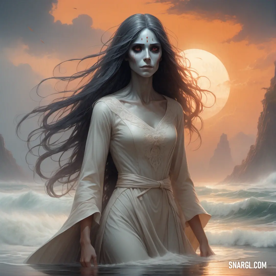 La Llorona with long hair walking in the water near a cliff and a full moon in the sky above her