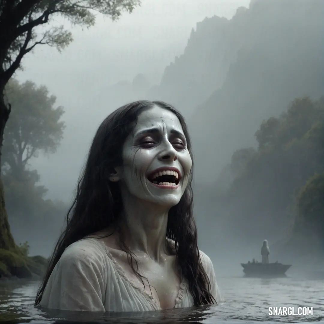 La Llorona with makeup on in the water with a boat in the background