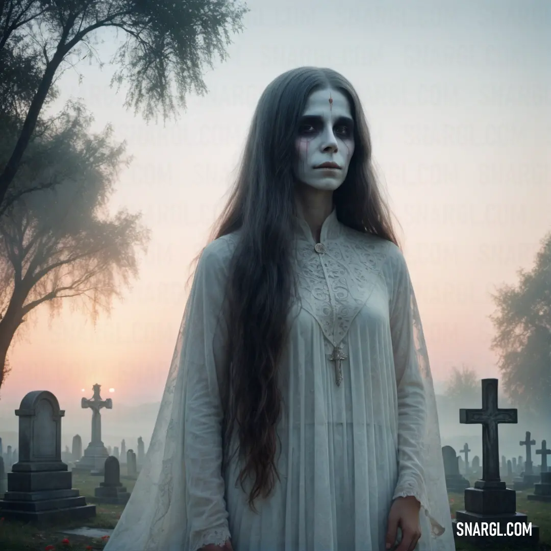 La Llorona with makeup painted white standing in a graveyard with a cross in the background