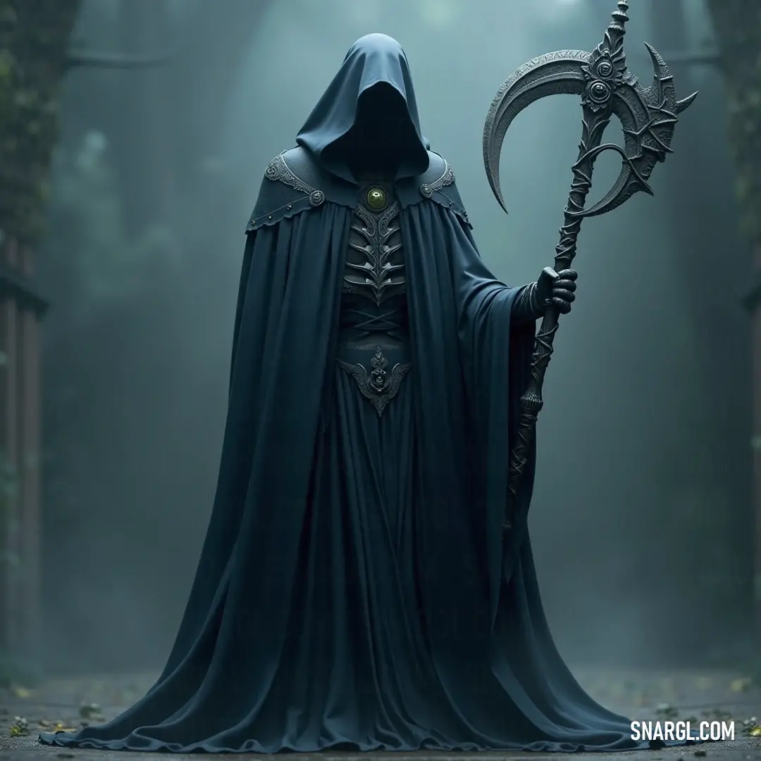 La Muerte, shrouded in a dark hood, cradles a sceptacle and staff in a foreboding forest, where shadows loom and the air buzzes with enchanting energy.