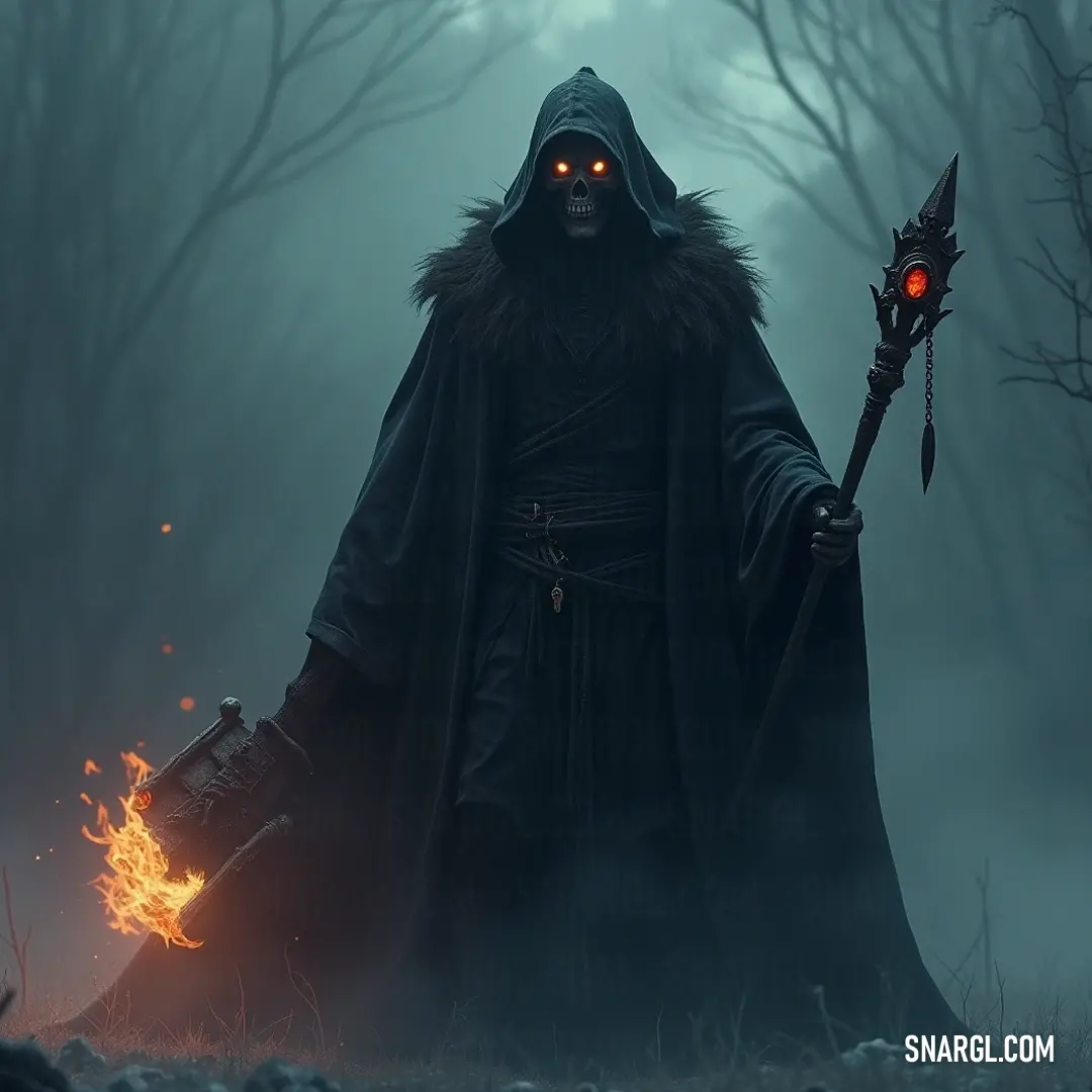 Emerging from the depths of a foreboding forest, La Parca holds a blazing fire stick, casting shadows and light that intertwine to reveal secrets hidden in the mist. La Parca, enveloped in a hooded robe, clutches a glowing fire stick that flickers against the backdrop of ancient trees shrouded in ethereal fog, illuminating the darkness with a haunting glow and instilling a sense of impending revelation.