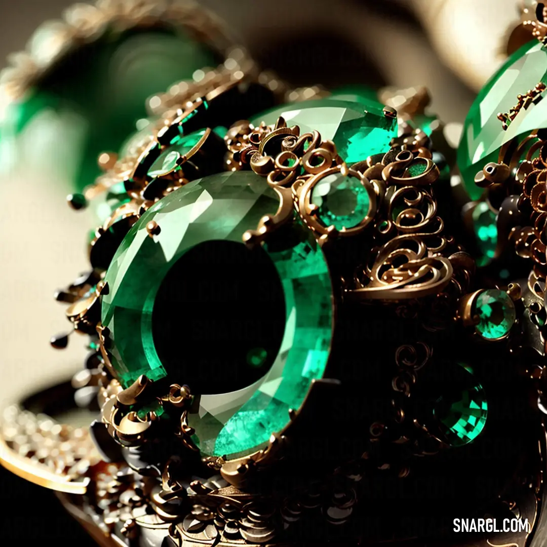 Close up of a bunch of green jewels on a table with a mirror in the background