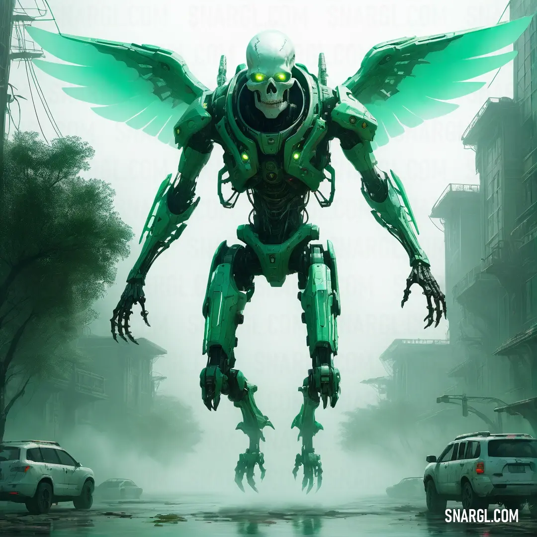Futuristic robot with wings and a green body is standing in the middle of a street with cars on it. Color #087830.