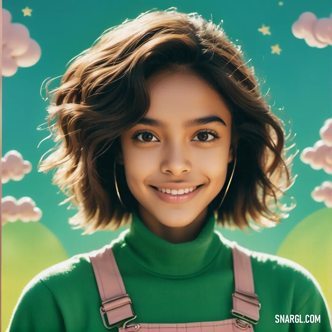 Girl with a green shirt and pink overalls smiling at the camera with clouds in the background. Example of RGB 8,120,48 color.