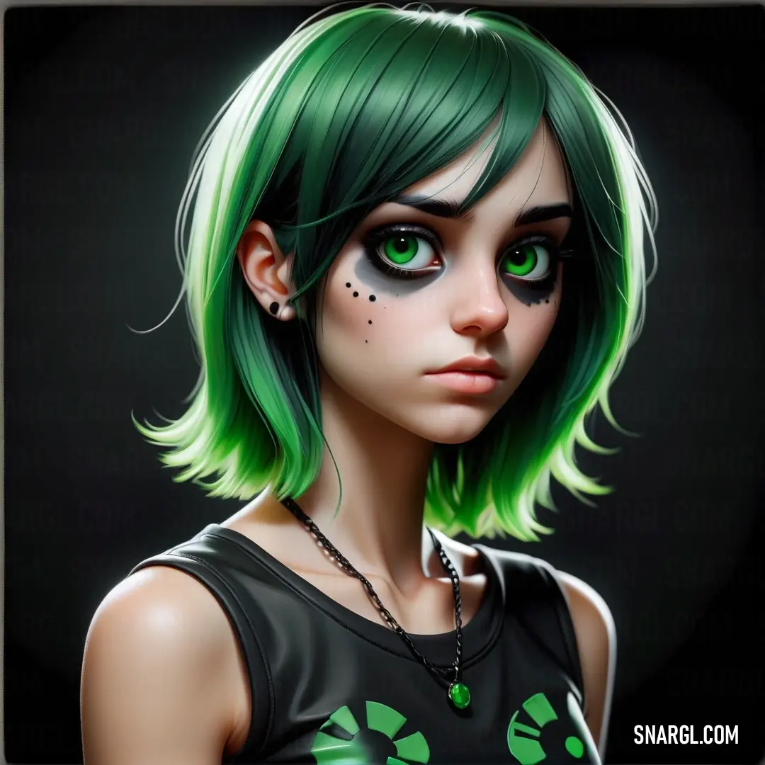 Girl with green hair and black makeup with green eyes and a green hair with black dots on her face. Example of #087830 color.