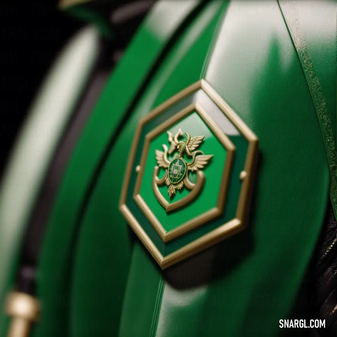 Green and gold emblem on a green suit case with a gold ring on it's side