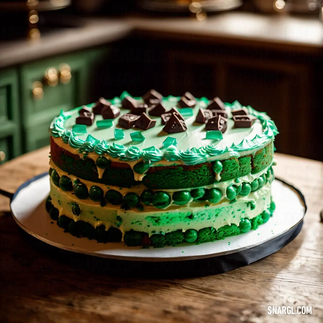 Green cake with chocolate decorations on a plate on a table in a kitchen with green cabinets