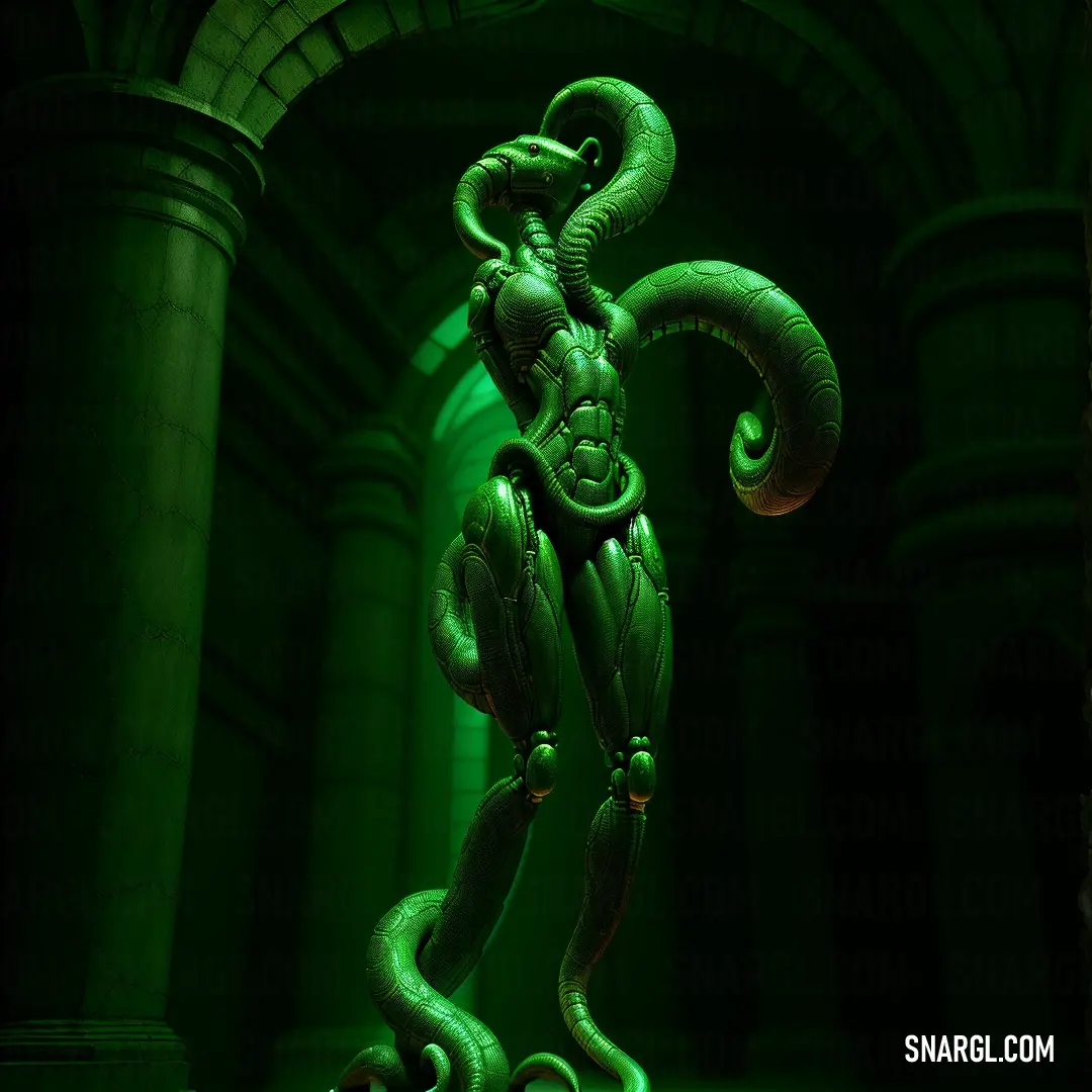 Green creature with a snake like body and long legs standing in a dark room with columns and arches