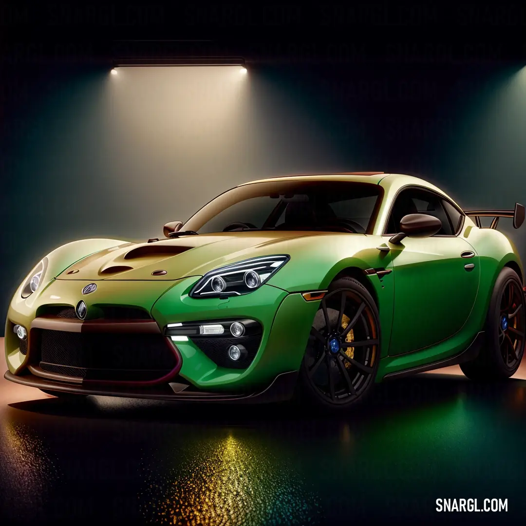 Green sports car parked in a garage with lights on it's sides and a black floor