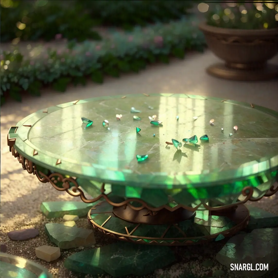 La Salle Green color. Green table with a green top and some green stones on the ground and a potted plant behind it